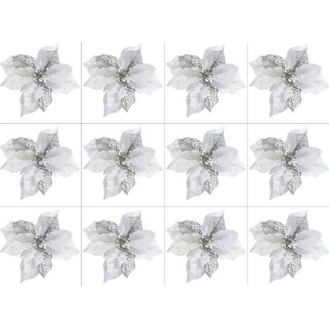 12 pièces - 21 cm - Fleurs de sapin de Noël - Décoration de sapin de Noël - Fleurs de Noël - Fleurs Fleurs artificielles - plastique - blanc - avec clips - pour sapin de Noël, fête d'hiver, mariage, d (1/4)