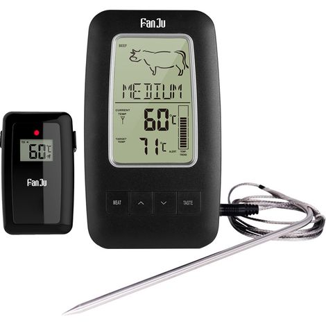 FanJu FJ2245 Digitales Einstichthermometer für Grillgerichte mit kabelloser Fernbedienung, magnetischer Rückseite, Edelstahl, für Küche, Smoker, Grill, Fleisch und Lebensmittel