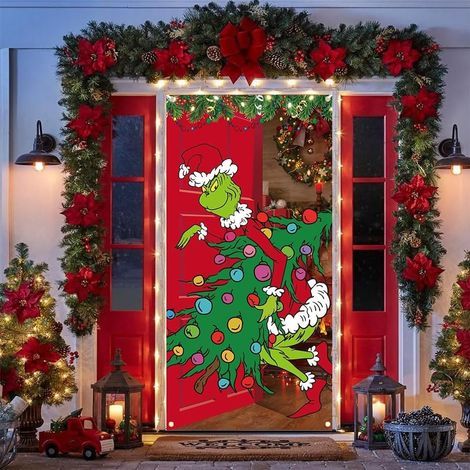 Couverture de porte de Noël, bannière de décoration de porte de Noël, décoration de porte amusante, bannière de Noël en tissu à suspendre pour fête de Noël, intérieur et extérieur (1/5)