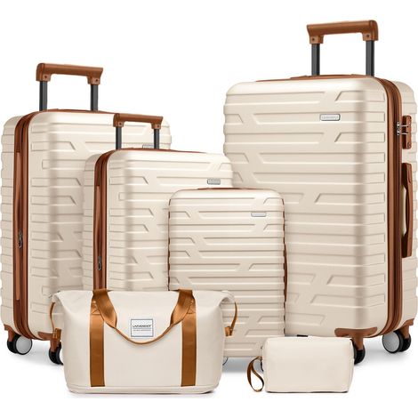 Ensemble de bagages 6 pièces avec sacs de voyage, valises rigides extensibles à roulettes multidirectionnelles et serrure TSA, couleur crème. (1/5)