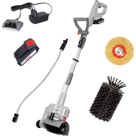 Nettoyeur de Terrasse sans fil Batterie 20V 2.0Ah Double brosses rotatives + Batterie & Chargeur Raccord tuyau d'eau IKRA