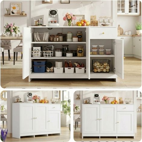 Buffet 3 portes + 1 tiroir coulissant – Meuble de rangement polyvalent pour salle à manger et salon, finition naturelle et blanche, dimensions : 120 x 40 x 75 cm