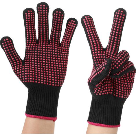 Paquete de 2 guantes resistentes al calor con puntas de silicona antideslizantes, guantes profesionales con bloqueo de calor para peluquería, rizador y plancha. (1/5)