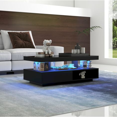 Mesa de centro negra 95 x 50 x 42,5 cm con 4 placas de vidrio, 2 cajones y 2 nichos DESVIAE (1/5)