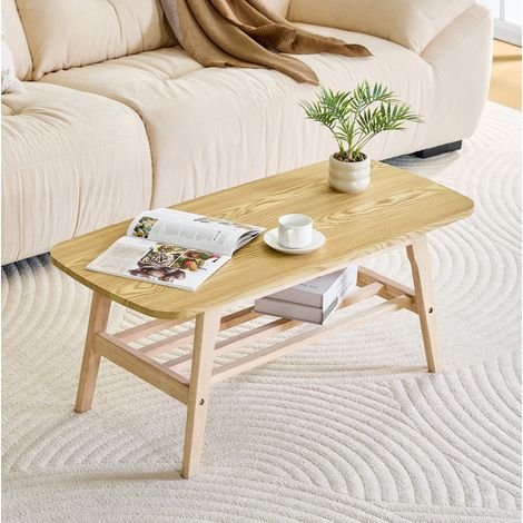 Table basse 100 cm couleur bois en bois massif avec rangement à deux niveaux (1/5)
