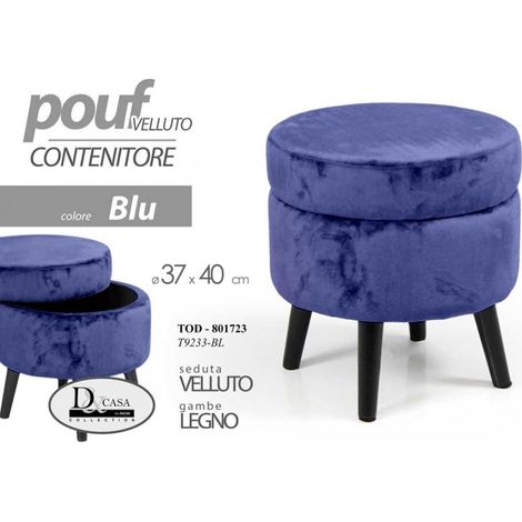 Hocker aus Samtstoff mit blauen Hockerbeinen aus Holz