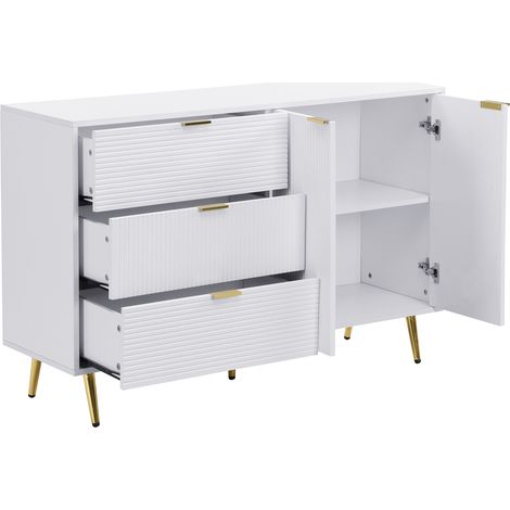 Buffet en MDF blanc avec portes, tiroirs et poignées dorées, 120 x 38 x 80,5 cm (1/5)