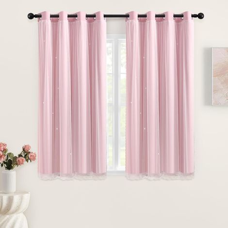 Rideau occultant pour chambre à coucher, double couche, 132 x 160 cm, en polyester, avec voile, motif étoiles, porte coulissante, multicolore, rose clair/132/160 (1/5)