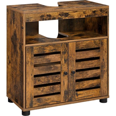 Vasagle – Meuble bas de salle de bain brun rustique 60 x 30 x 63 cm – 2 portes persiennes – Planche réglable – Dispositif anti-basculement inclus