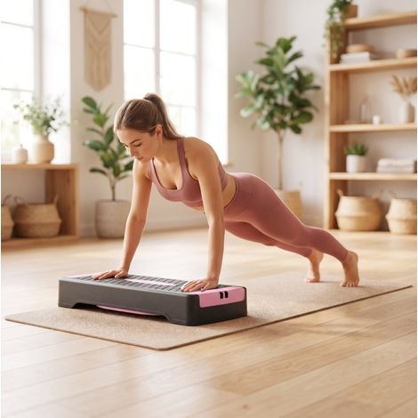 Step aerobico regolabile a 2 altezze, 2 bande elastiche, antiscivolo rosa OKMYHOME (1/5)