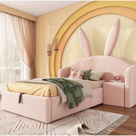 Kinderbett Polsterbett mit Stauraum-Nachttisch, Samt Rosa 90x190 cm, Kopfteil mit Hasenohren, Lattenrost