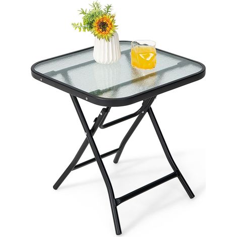 Folding Square Patio Bistro Table Tempered Glass Tabletop Outdoor Coffee Table (1/5)