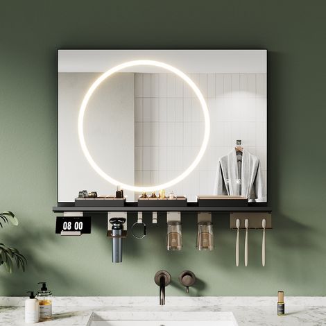 SONNI Badspiegel mit LED Beleuchtung Ablage, Antibeschlag, 3-Farben Beleuchtung und Einstellbare Helligkeit, 800×600, kreisförmige Lichtleiste (1/5)