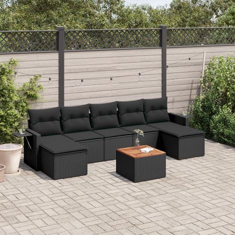 Ensemble Jardin 8 Places Noir Résine Tressée avec Coussins - Salon Extérieur Modulaire Acacia Stockage (1/3)