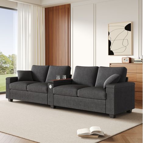 4-Sitzer Sofa 299x80x82.7 cm Grau aus Cord mit USB/USB-C, Stauraum und klappbarer Mittelarmlehne (1/5)