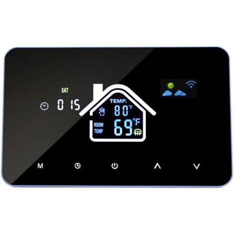 Thermostat intelligent Wi-Fi avec écran tactile, commande à distance via application, 16 A, plage de température 5–95 °C, indice de protection IP20/UL94-V0, boîtier en polycarbonate, dimensions 132 × (1/5)