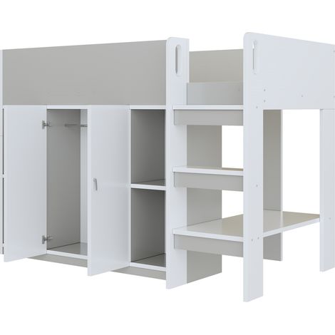 Letto a soppalco per bambini 90 x 200 cm con armadio, scaffali e scala, grigio e bianco (1/5)
