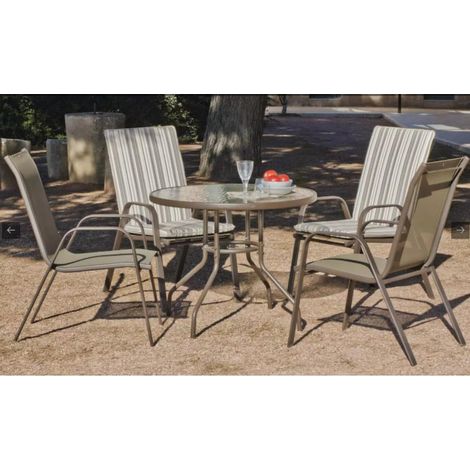 Conjunto mesa + 4 sillones acero Macao-90/4 en acabado color bronce (1/2)
