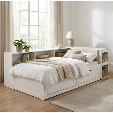 Bett ausziehbar mit Schreibtisch, Lattenrost und 2 Schubladen 90x200-180x200 cm Holzwerkstoff mattweiß