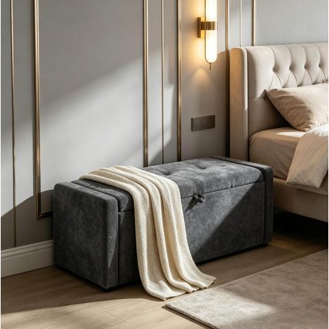 Banco baúl para cama de tejido efecto lino gris oscuro 122 x 48 x 44 cm OKWISH (1/5)