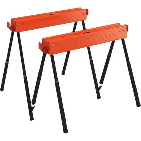 Lot de deux tréteaux pliables pour établi, avec pieds réglables en hauteur, support pour 2x4, poignée de transport, orange (1/5)