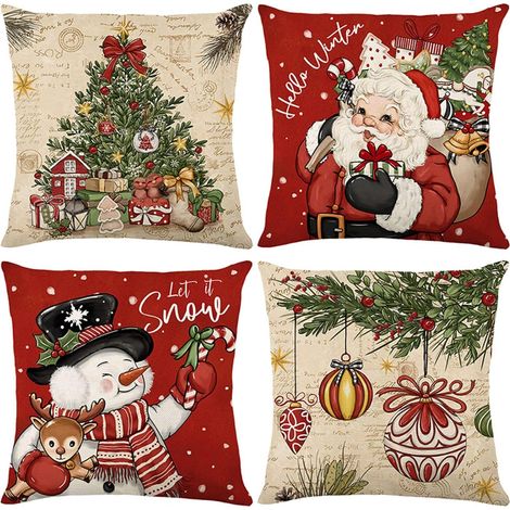 Taies d'oreiller rouges de Noël - Bonhomme de neige et Père Noël, idéales pour décorer un canapé, un salon, etc. - 45 × 45 cm, lot de 4 (1/5)