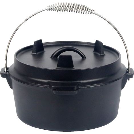 2x Dutch Oven Topf aus Gusseisen 4,3 Liter Schmortopf Kochtopf Grillplatten-Deckel Lagerfeuertopf schwarz (1/5)