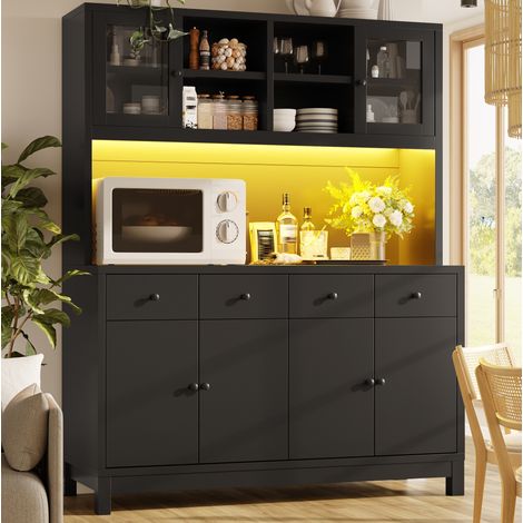 Buffet haut 140 x 38,5 x 180 cm avec LED RGB, portes vitrées, 4 tiroirs et étagères réglables, MDF - noir (1/5)