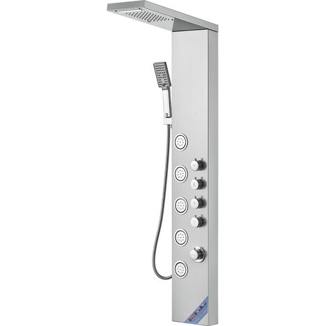 Panneau de Douche 4 Modes, Pluie, Cascade, 5 Jets Massants, Douchette à Main 3 Réglages avec Flexible 59", Acier Inoxydable, Fixation Murale (1/5)