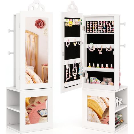 GOPLUS Armoire à Bijoux Enfant Fille, 3 en 1 Armoire de Bijoux sur Pied avec Miroir Pleine Longueur, Porte-vêtements, Kit Anti-basculement, Motif Cœur, pour Chambre d'Enfants (Blanc) (1/5)