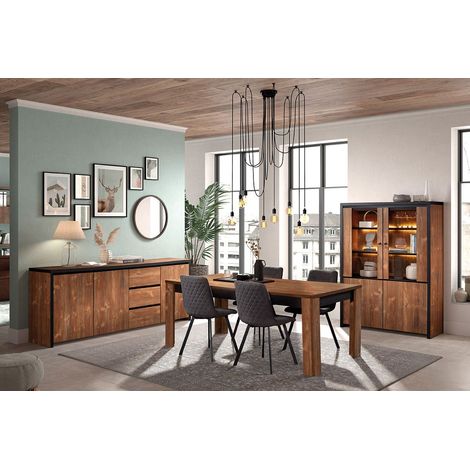 Altobuy – Séjour complet effet bois manguier foncé et noir – 6 places – Structure panneaux de particules – Buffet vitré éclairé (1/5)