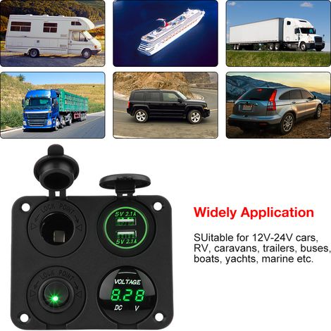 4-Wege-Ein/Aus-Schalterfeld mit zwei USB-Ladeanschlüssen, Zigarettenanzünderbuchse und Voltmeter, grüner LED, 12 V–24 V (1/5)