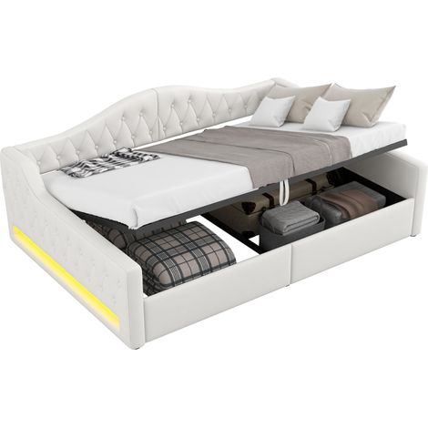 Lit banquette 140x200 LED avec rangement, tissu beige, convertible et robuste, pour chambre ou invités, structure bois et MDF, 2 colis - CHICFURN (1/5)