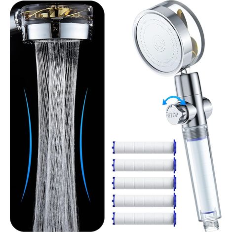 Pomme de douche économisant l'eau et la saleté, pomme de douche à hélice haute pression tournant à 360° avec 5 tampons PP remplaçables (1/5)