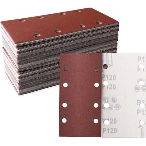 Lote de 30 hojas abrasivas de 93 x 185 mm - Papel de lija cuadrado autoadhesivo con 8 agujeros - Grano 120 - Ideal para lijado, pulido y eliminación de óxido - Adecuado para (1/5)