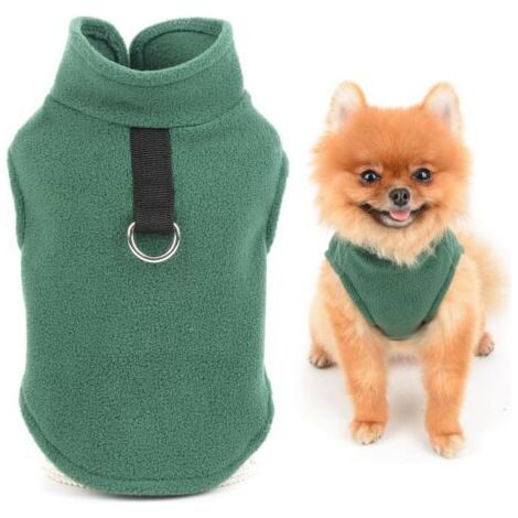 VtiziklPull en polaire de couleur unie avec anneau de laisse pour petits chiens, chats, garçons et filles, Yorkshire, Chihuahua, chaton, vêtements d'automne et d'hiver, vert (taille M) (1/5)