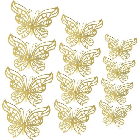 Lot de 12 papillons 3D ajourés décoratifs, autocollants muraux polyvalents et imperméables, 3 tailles disponibles pour la décoration de fond. Légers et résistants.-Golden (1/5)