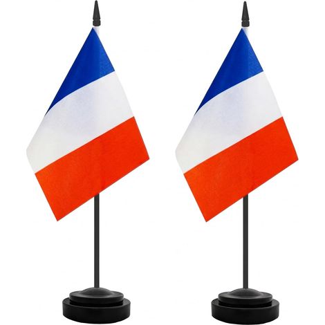 Drapeaux de Table France Lot de 2, 21 x 14 cm, Mini Drapeaux en Polyester avec Mât et Socle Plastique, Décoration Bureau, Réception, Fête et Événement (1/5)