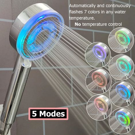 Pommeau de douche LED 5 modes (B) 3/7 couleurs changeantes avec bouton d'arrêt d'hélice, pommeau de douche haute pression turbo, affichage de la température. (1/5)