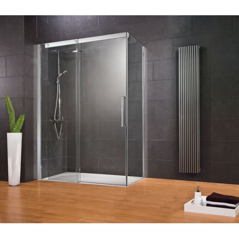 Porte de douche coulissante + paroi de retour fixe, verre 8 mm anticalcaire, profilé aspect chromé, Manhattan, Schulte, 140 x 90 x 200 cm, ouverture vers la gauche