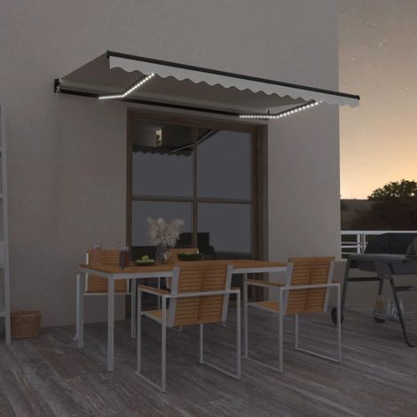 Auvent manuel Store Banne Solaire abri Marquise Brise-soleil rétractable avec LED 450x300 cm Crème LKOWF11186 (1/5)
