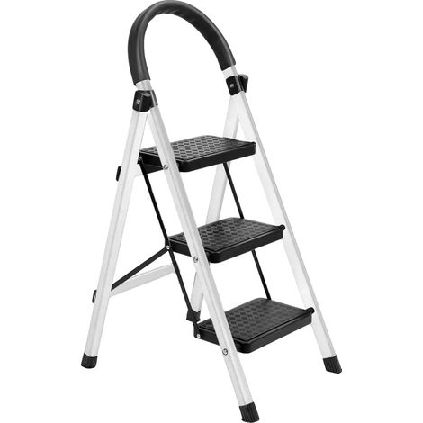 Escalera plegable de 3 peldaños, alta capacidad de carga, color blanco. (1/2)