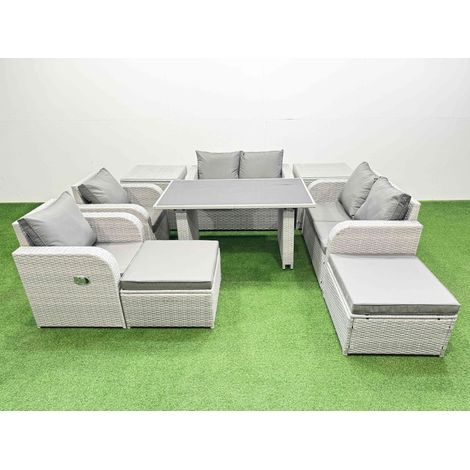Fimous 9 Pieces Outdoor PE Rattan Sofa Reclining Chair Set Patio Garden Furniture Sets with Cushions 2 Side Tables 2 Big Stools Light Grey (1/4)