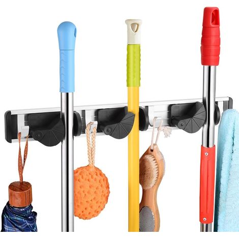 MINKUROW Wandmontiertes Lagerregal, Multifunktions-Mopphalter, Wandmontierter Besenhalter, Wandorganisator, Gartenschuppen, Werkzeugregal, Garagenaufbewahrung (3 Positionen, 4 Haken) (1/5)