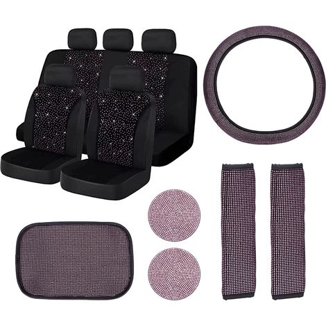 Ensemble 15 pièces d’accessoires de voiture bling pour femme – Housses de siège velours respirant – Décoration élégante – Housse de volant cristallin – Style luxueux – Rose diamant, volant 38cm (1/5)