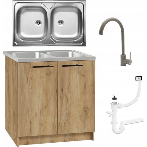 STAMAR  Meuble Cuisine 80x50 - Chêne doré - Évier 2 compartiments - Robuste et Élégant