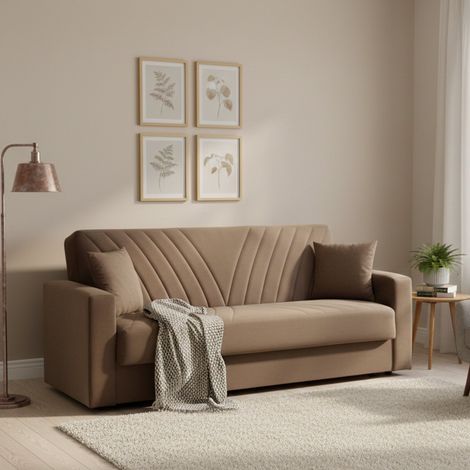 Dmora - Sofá cama Dfossat, Sofá cama con almacenaje lineal 3 plazas con 2 cojines incluidos, Sofá de salón en tela acolchada con apertura click-clac, 214x81h89 cm, Beige (1/5)