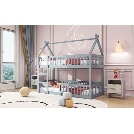 Lit superposé enfant 90x200, lit familial, mezzanine avec échelle, cadre en bois massif gris, design loft pour chambre kids. (1/5)