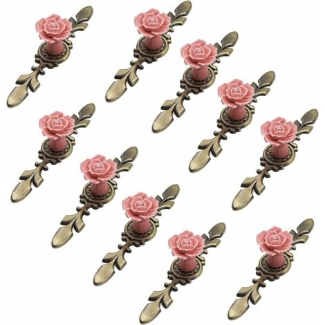 Lot de 10 boutons de meuble en céramique, diamètre 41 mm, motif rose, avec plaque en bronze, rose, longueur 170 mm (1/4)