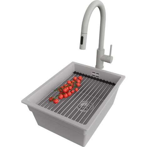 PRIMAGRAN Evier Sous Plan 36x47cm,Evier en Granit 1 bac + Robinet 40x20cm + Kit de Vidage + Égouttoir Enroulable, Évier au meuble 40cm - Prague, Gris (1/5)